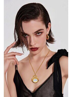 Vintage-Inspired Gold Pendant Necklace With Opalescent Cabochon & Ornate Floral